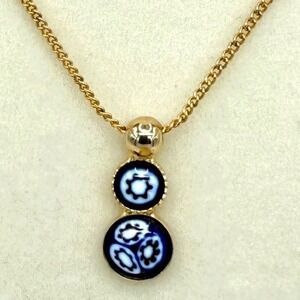 💙 Authentic Murano Glass Millefiori Pendant Necklace – Gold Chain,‎ Blue Floral